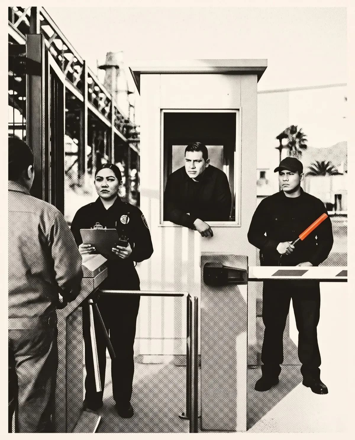 Tres guardias de seguridad cubriendo el acceso peatonal de una planta: torniquete, caseta y pluma vehicular.