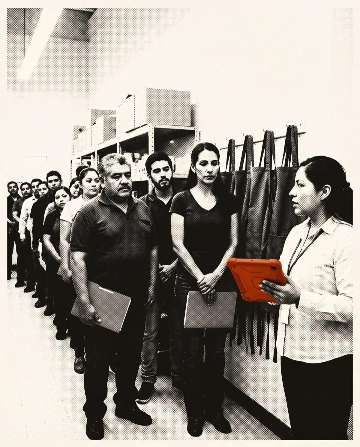 Aspirantes a personal de piso esperando en la bodega de la tienda, junto a los mandiles colgados listos para entregar.